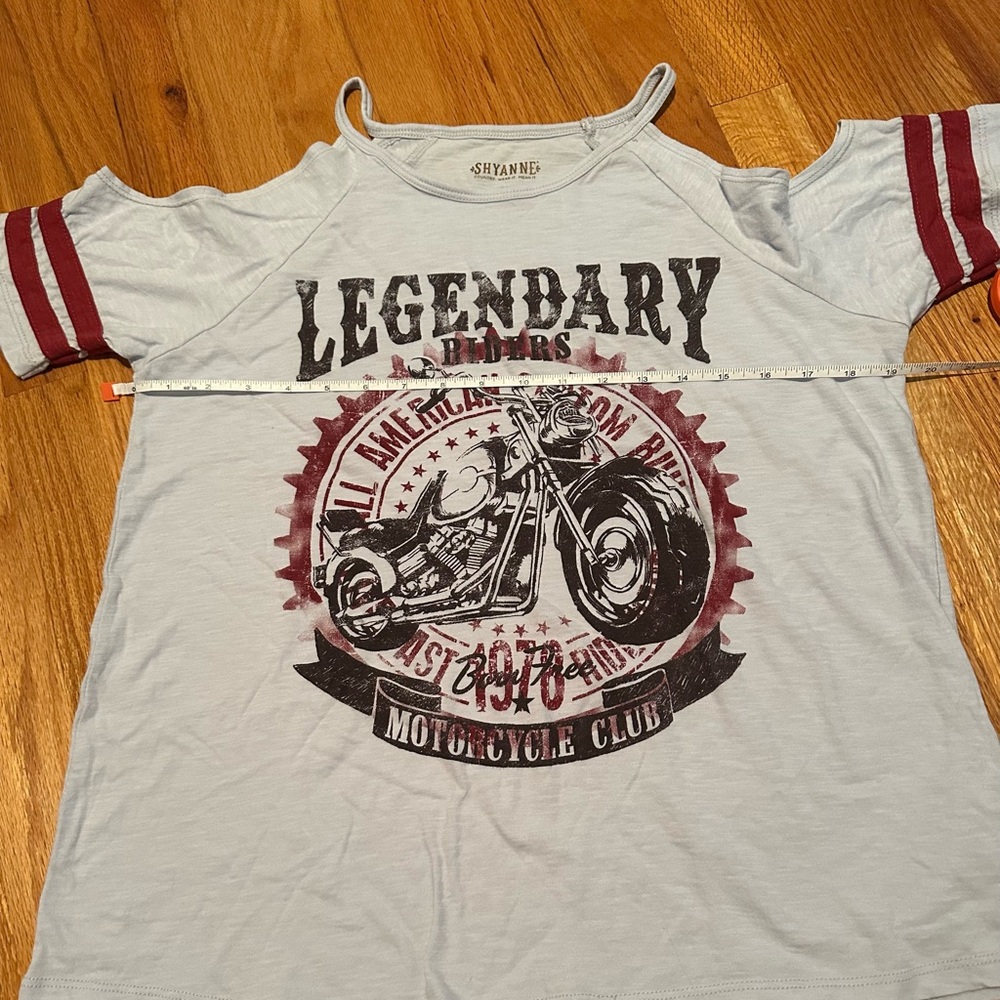 Shyanne Light Blue and Red Accent Short Sleeve Tee with Motorcycle Graphic